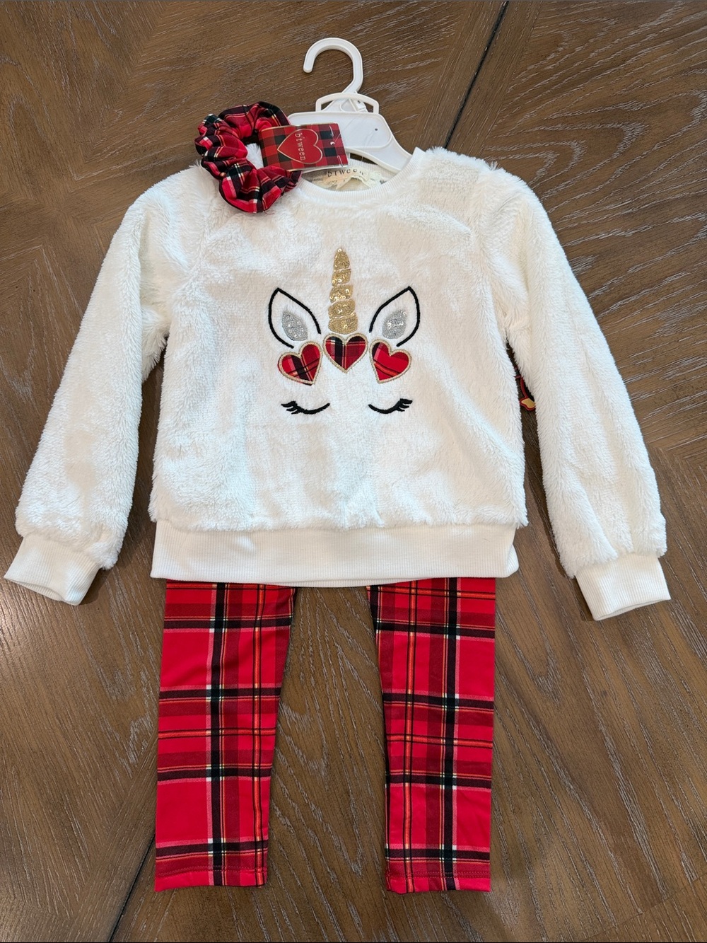 Kids Plush Unicorn Pajama Set with Red Plaid Leggings